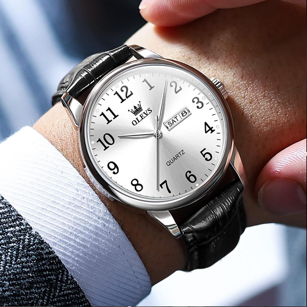 OLEVS Черные стильные кварцевые часы Аналоговые водонепроницаемые часы Популярные часы Кожаный ремень Бизнес-часы День недели Дата Легко читаемый подарок Белый