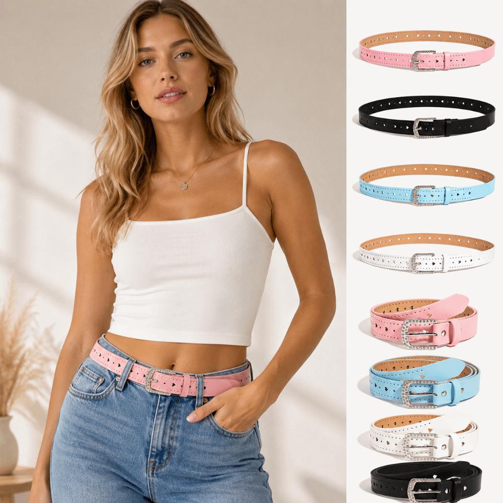 Adjustable Hollow Heart Belt Pin Buckle Rhinestone Buckle Belt Casual Waist Belt For Ladies