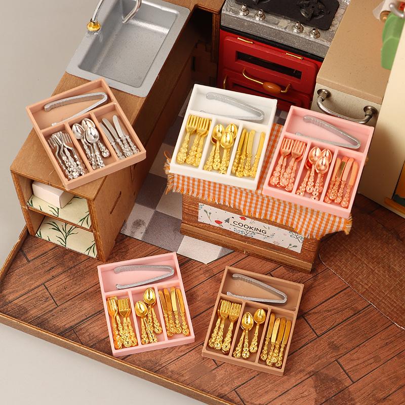 1Комплект 1:12 кукольных мини-ножей, вилок, ложек, зажимов, столовых приборов с ящиком для хранения, кукольные кухонные принадлежности, утварь, декор, аксессуары