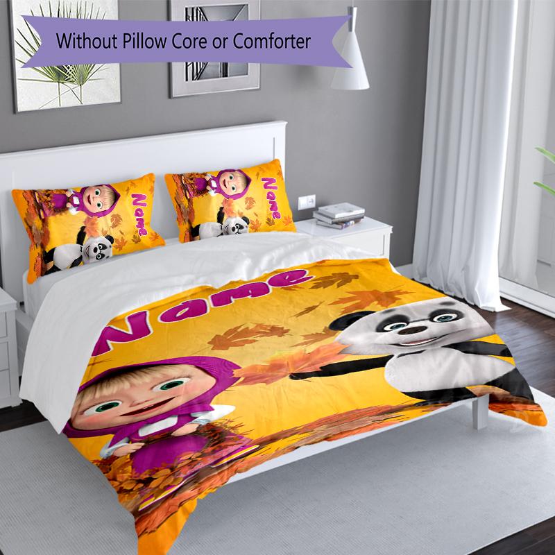 3pcs Custom Name Masha and the Bear Set,Includes 1 Duvet Cover and 2 Pillowcases,All-season Bedroom Decor