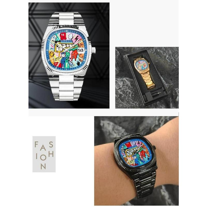 Luxury Comic Cartoon Dial Square Quartz Men's Watch Casual Calendar Stainless Steel Waterproof Sport Men Watches Clock