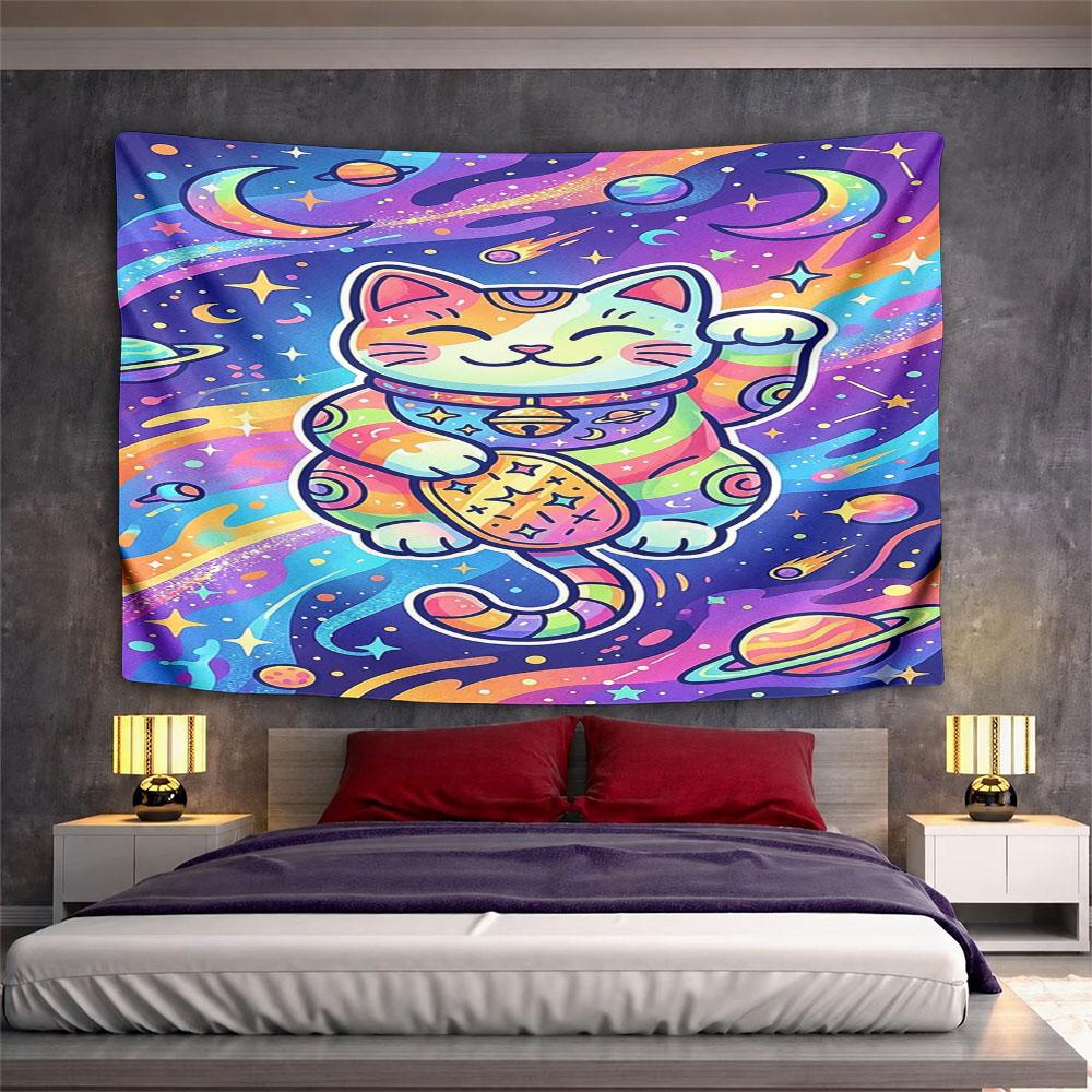 Cosmic Lucky Cat Tapestry Design Pattern Wall Hanging Tapestry Decorative Tapestry Home Decor for Bedroom and Living Room