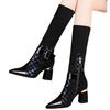 Женская обувь Стиль Толстый каблук Эластичная ткань Женские сапоги Зимние остроносые молния Модные сапоги на высоком каблуке Женские