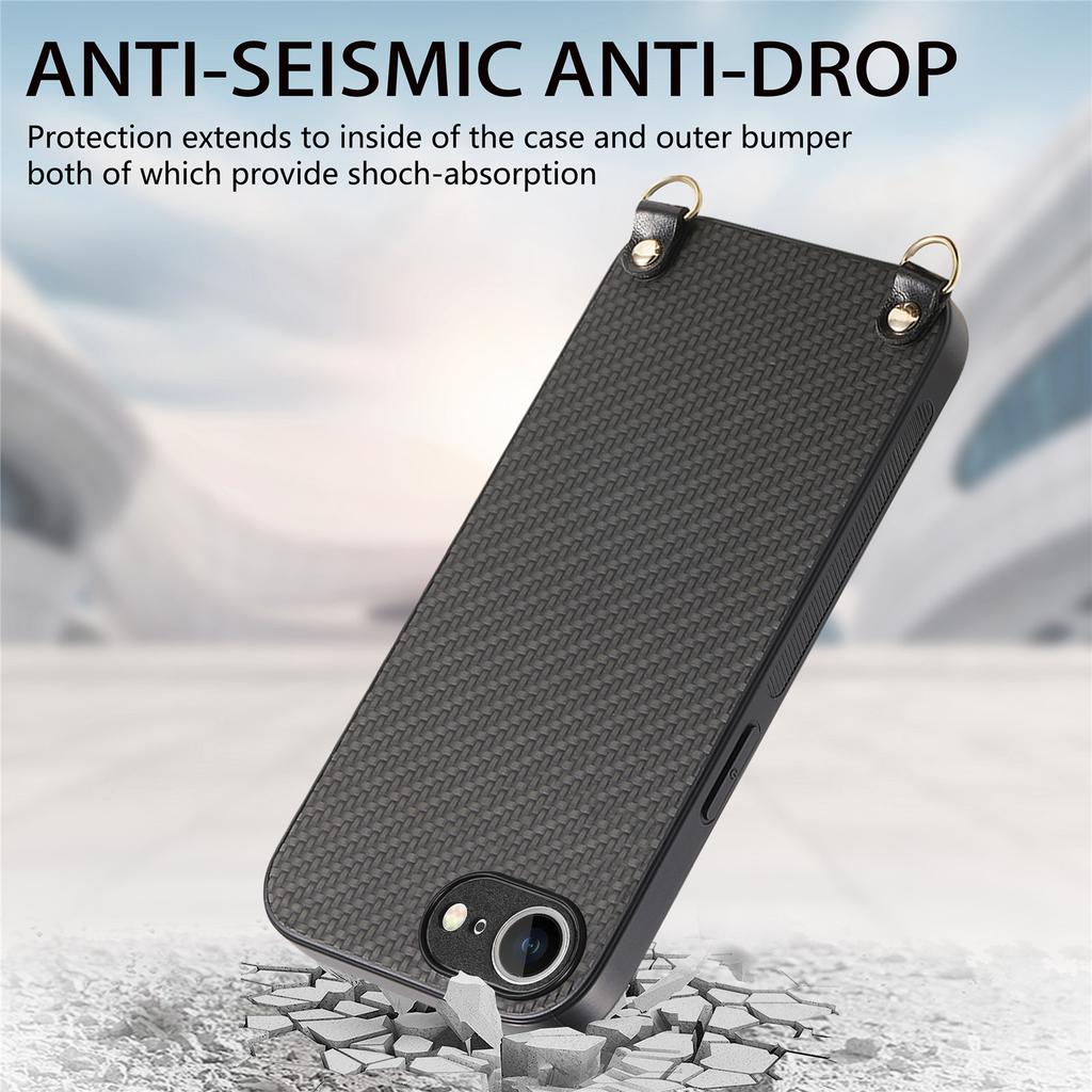 For iPhone 16e Case Carbon Fiber Texture PU+PC+TPU Anti Drop Phone Cover with Crossbody Lanyard