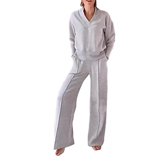 2 шт./комплект женский топ брюки комплект V-образный вырез длинные рукава свободная толстовка эластичный пояс широкие спортивные штаны спортивный наряд осенний повседневный спортивный костюм