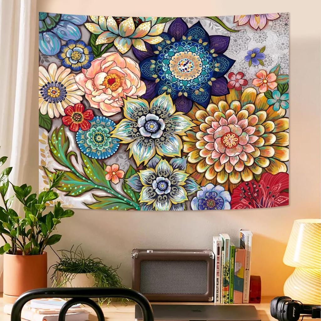 Neasow Colorful Floral Tapestry Wall hanging, Bright Boho Fabric Blossom Tapestries, Multi Color Tapestry for Bedroom Home Hippie Wall Decor 50×60