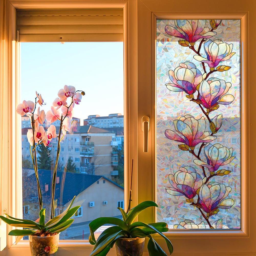 Laser-cut Geometric Magnolia Floral Home Decor Glass Door and Window Electrostatic Adhesive Stickers