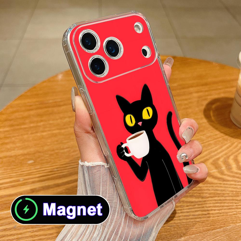 Cute Coffee Cat Clear TPU Magsafe Mobile Phone Case for iPhone 17 16 15 14 13 12 11 Air Pro Max Plus Mini Colorful Cover