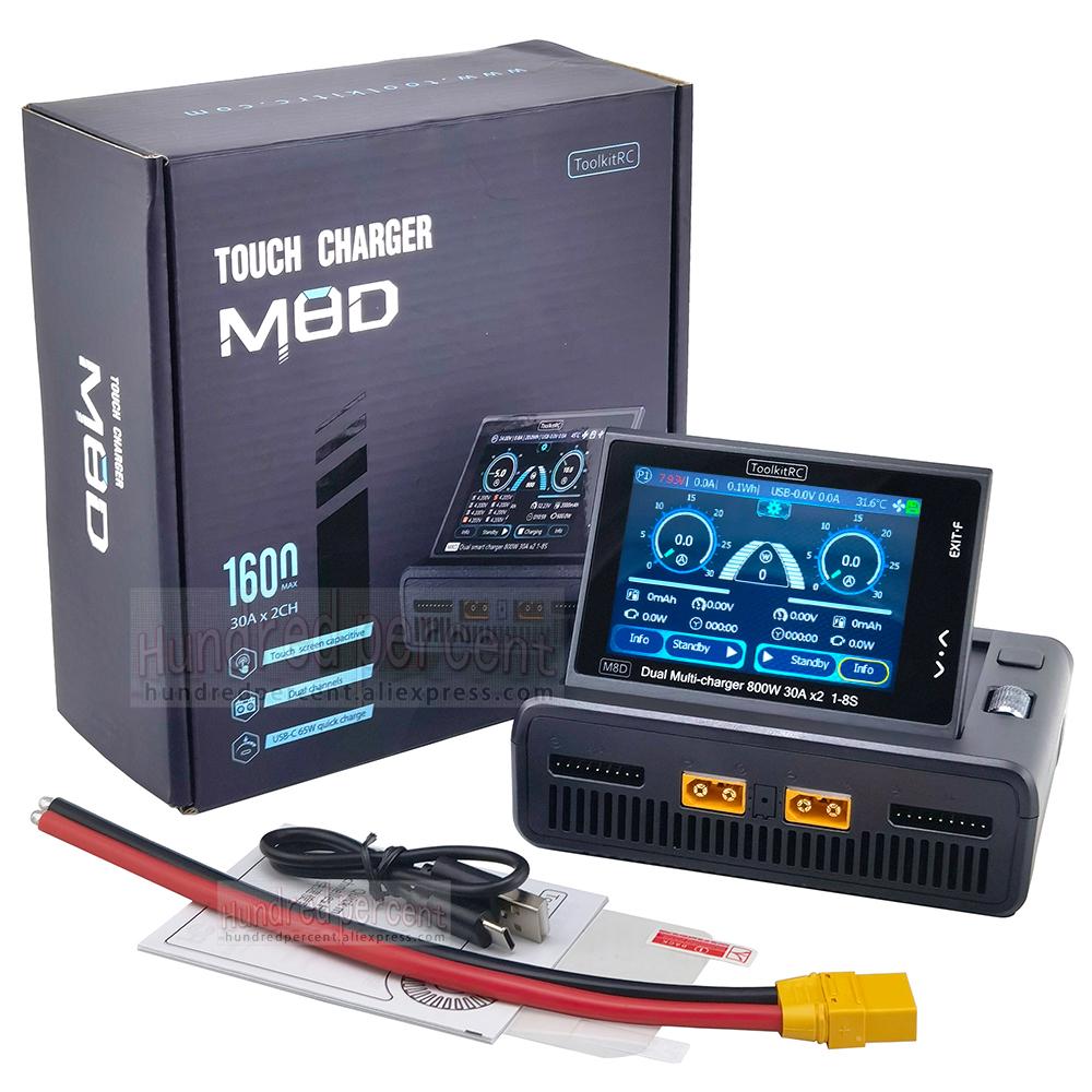 Умное зарядное устройство ToolkitRC M8D, 2-канальное, сенсорный экран, двойной канал, DC 800 Вт*2, 30 А, 1-8S, быстрая зарядка литиевых аккумуляторов, для RC моделей автомобилей, FPV