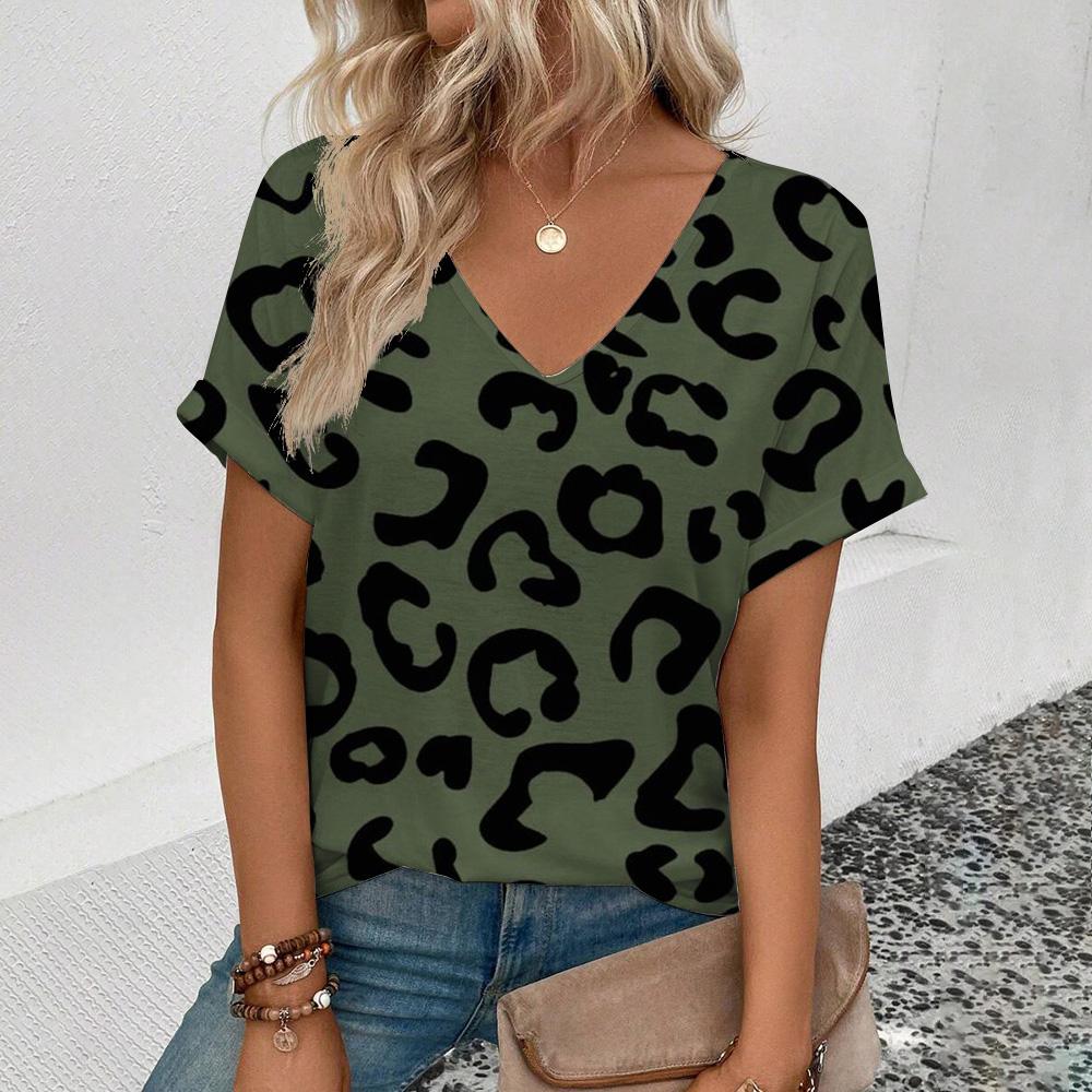 Летний повседневный топ с V-образным вырезом, элегантный и удобный, с короткими рукавами, женская модная трендовая футболка с цветочным принтом