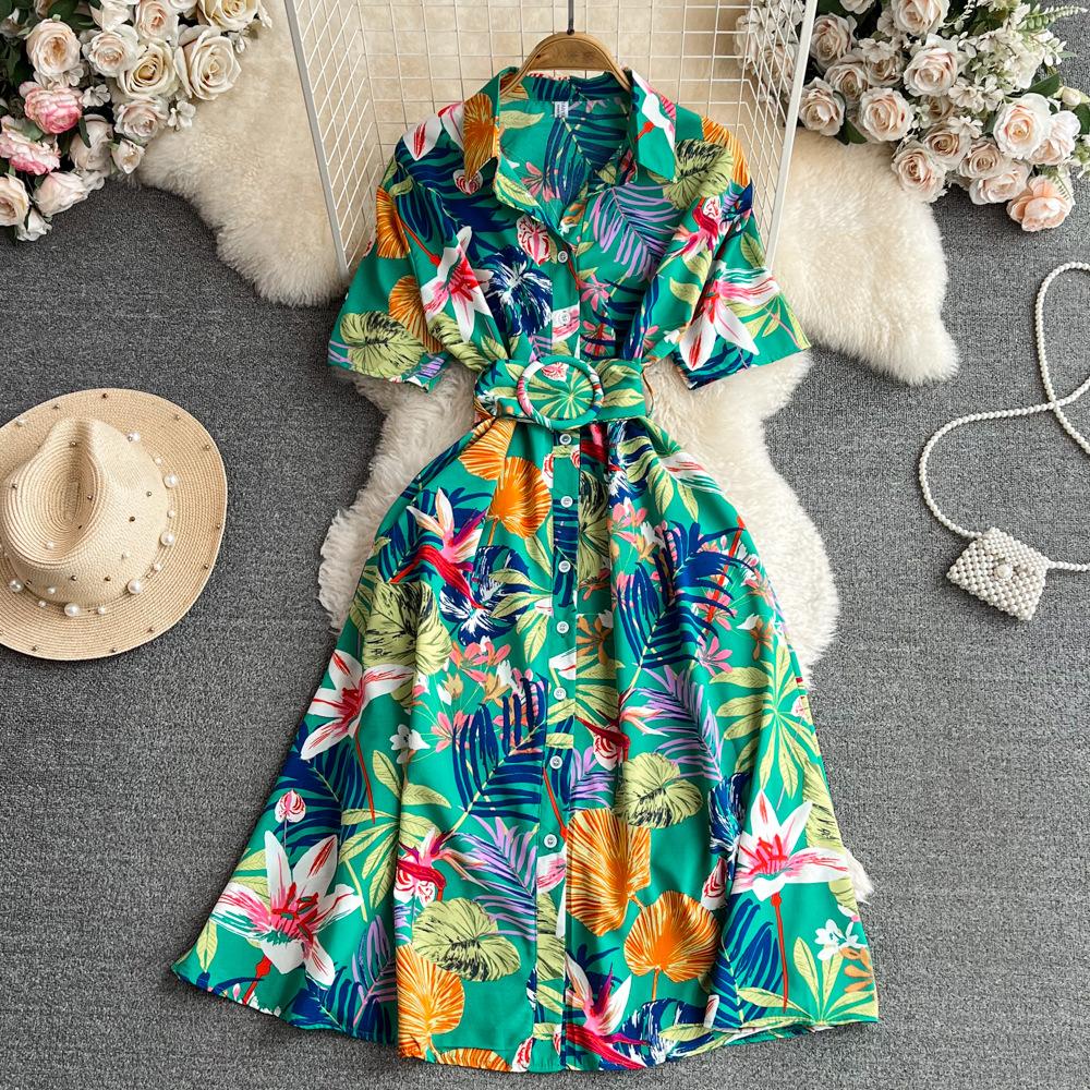 Women's Floral Print Dress A-line Elegant Vintage Lady Summer Dresses with Belt Casual Vestidos