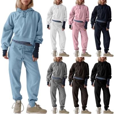 Женский модный однотонный худи и спортивные штаны, повседневный комплект из двух предметов