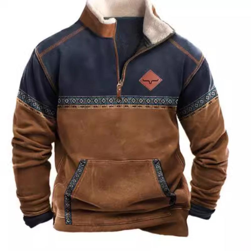 Мужская флисовая куртка в стиле вестерн, ковбойский свитер с принтом головы быка, застежка-молния на 1/4, воротник-стойка, длинный рукав, толстовки в деревенском стиле, пальто-пуловеры