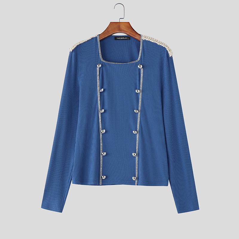 INCERUN Мужские футболки с квадратным вырезом, длинным рукавом, пэчворком, пуговицами, облегающие, укороченные топы