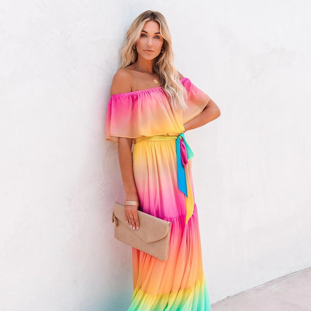 2025 New New Printed Long Dress Dress One-word Collar Dress