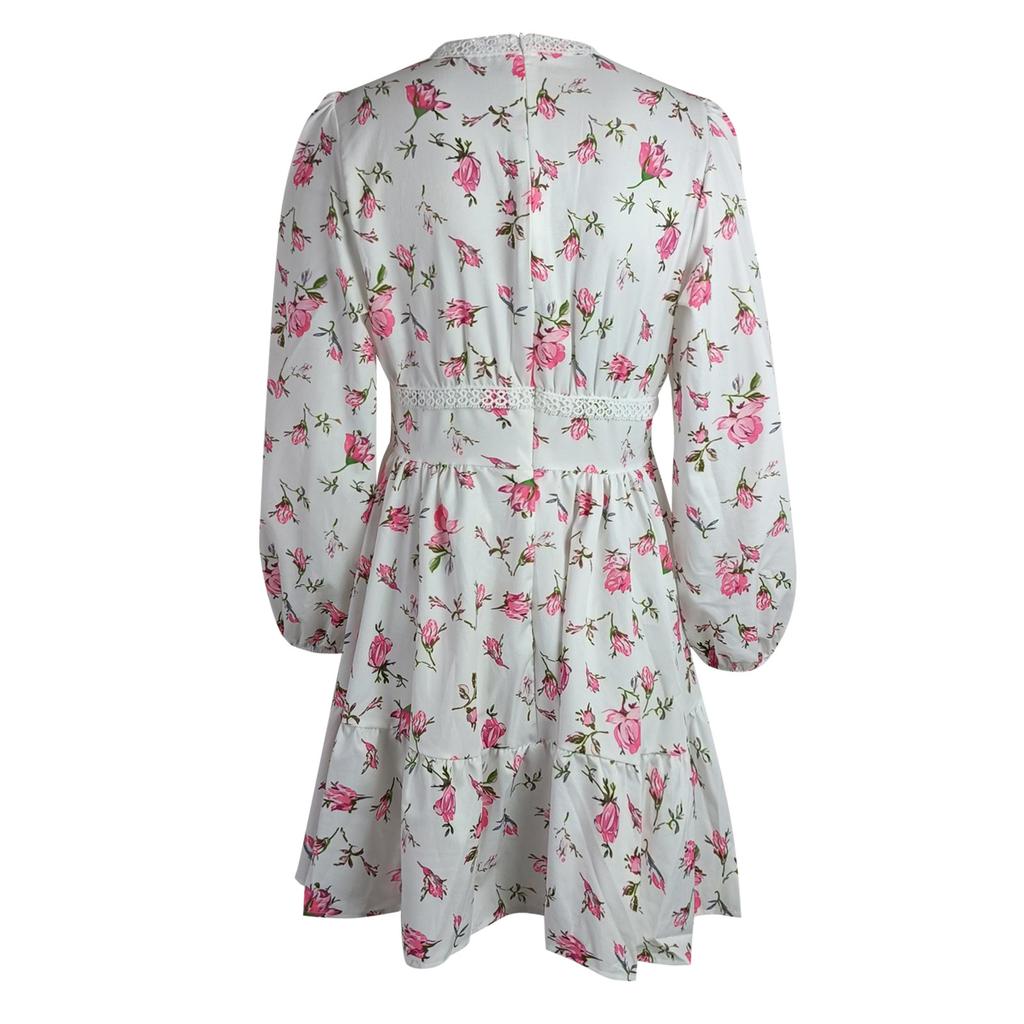 Fashion Women's Casual V-Neck Printed Long Sleeve High Waist Printed Dress