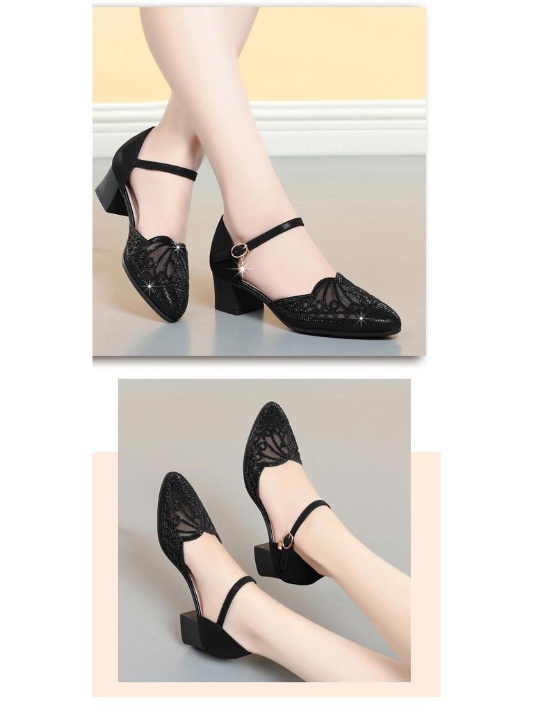 Gold Chunky Heel Mesh Sandals for Women - 2022 Summer Style, One-Strap, Hollowed Design for Middle-Aged Women