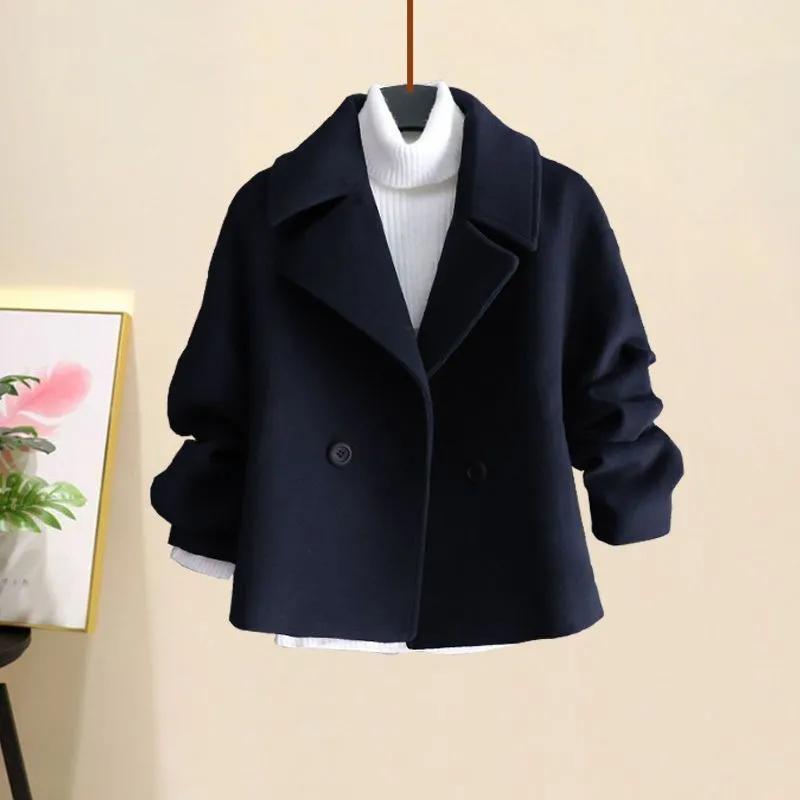 Autumn and Winter Woolen Coat + Turtleneck Sweater + High Waist Harlan Woolen Pants Three-piece Fashion Suit