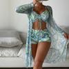 Swimsuit Women's Split Three Piece Set High Waist Long Sleeve Ins Overshirt Drawstring Printed Bikini Suits