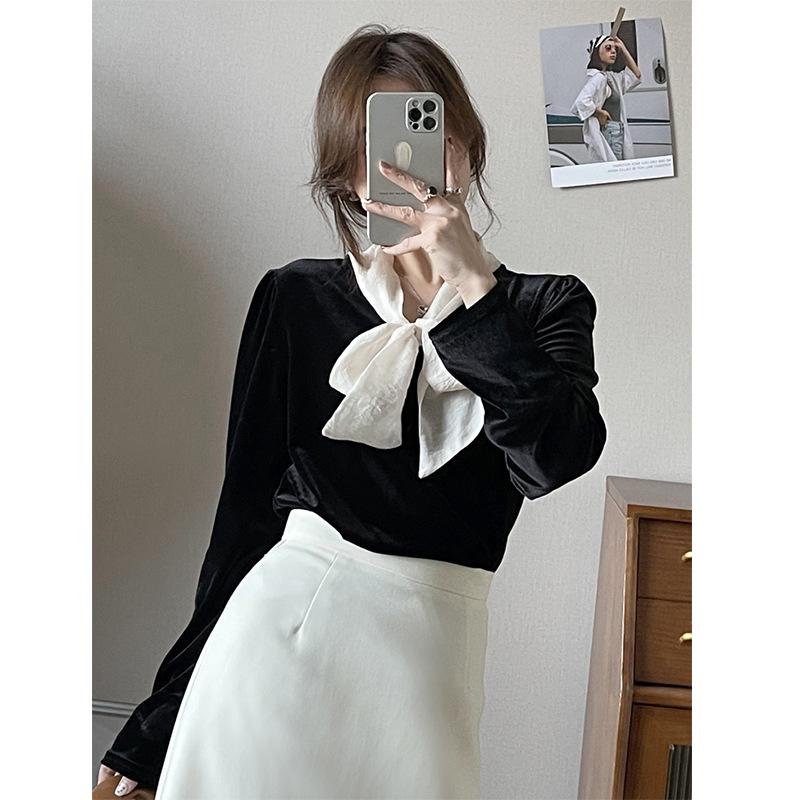 Оранжевая бархатная блузка в винтажном французском стиле от Zhi для женщин - Коллекция Осень 2024