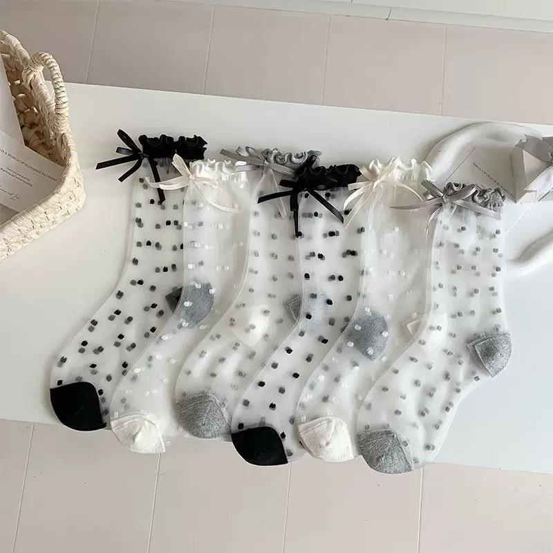 Spring and Summer Women's Style Transparent Silk, Black Fungus, Polka Dot, Bow, Crystal and Glass Fiber Women's Socks