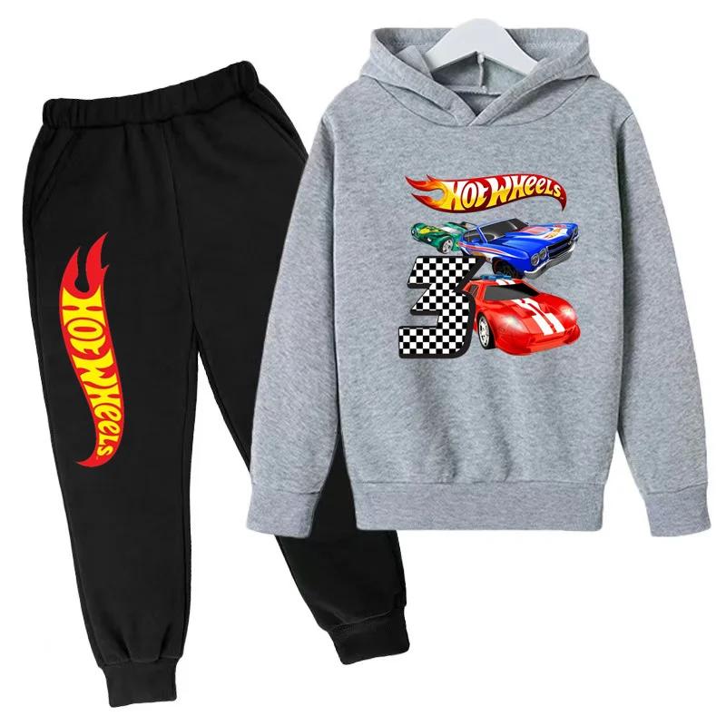 Детская одежда Худи с принтом машинок Hot Wheels Пальто 3-12 лет Мальчики Девочки Малыши Верх+штаны Модная толстовка Повседневная спортивная одежда