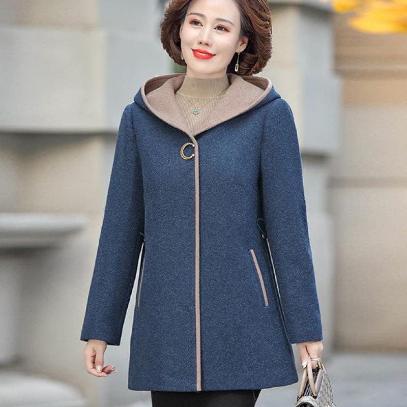 Роскошное шерстяное пальто с капюшоном для женщин среднего возраста - Осень/Зима, свободный крой, с хлопковой подкладкой