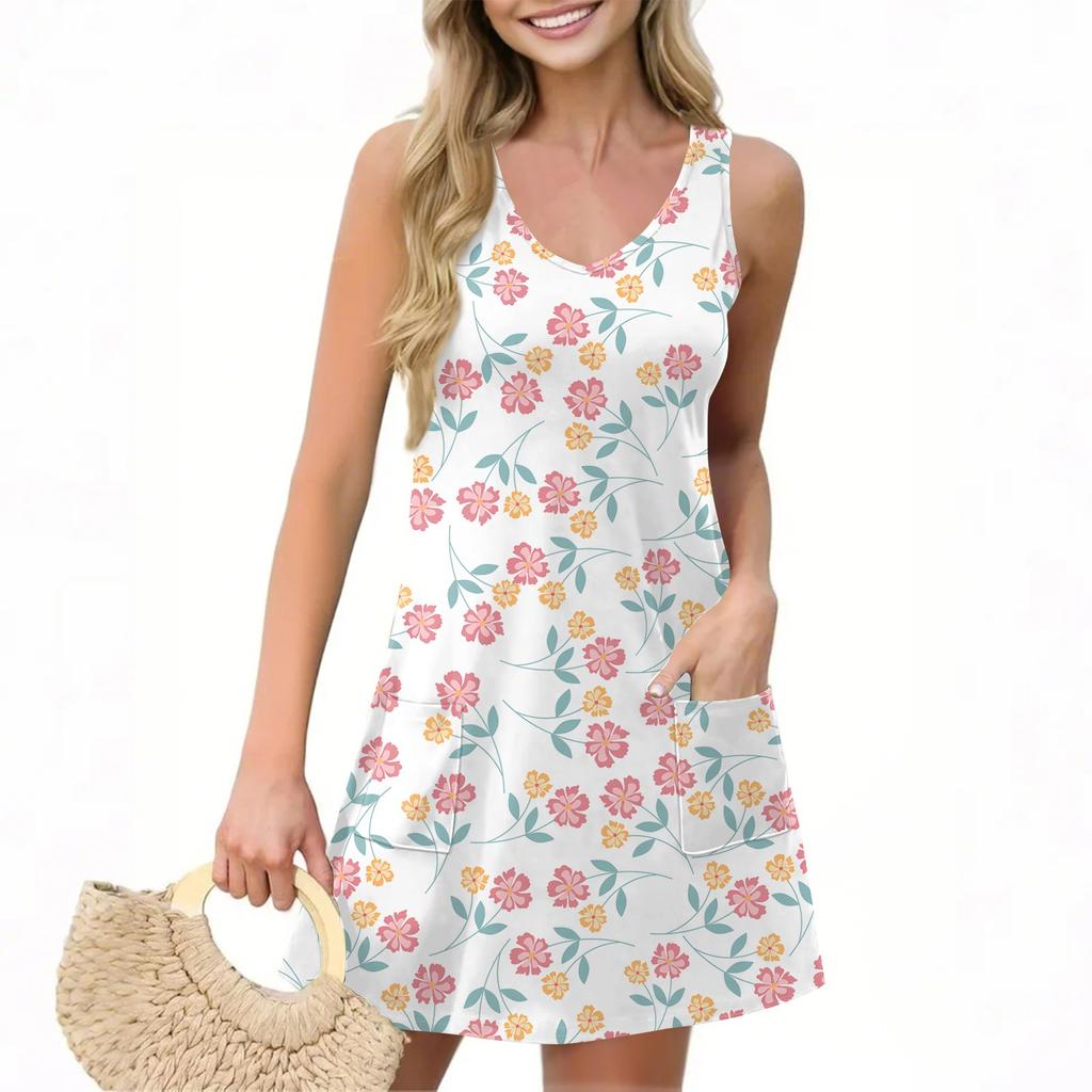 Women's Casual Summer Vest Dress With Pockets Floral Print V Neck Sleeveless Dress