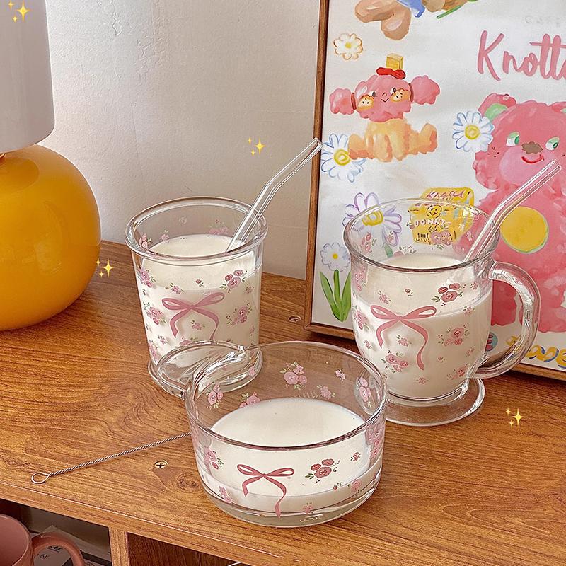 Kawaii Bowknot Стеклянные чашки, стаканы, эстетичные милые корейские кружки с цветком для льда, кофе, сока, пива, молока, чая, стаканы, чаши для девочек