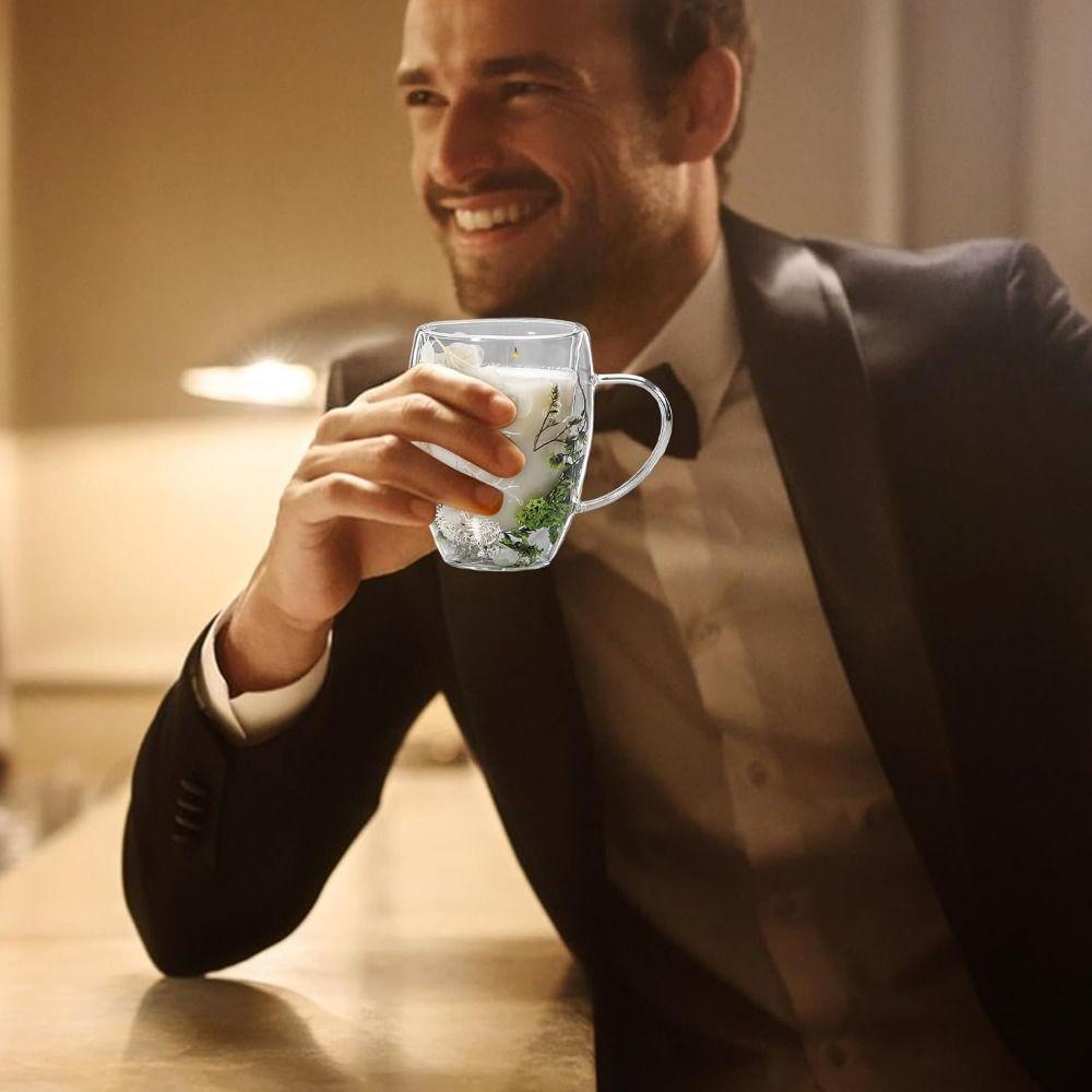 Прозрачная стеклянная чашка с двойными стенками, антиожоговая цветочная чашка, стеклянные кружки для дома и офиса с сухоцветами