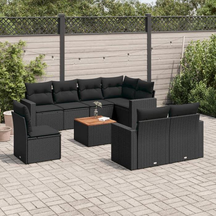 VidaXL Salon de Jardin avec Coussins 9 pcs, Canapés de Terrasse, Ensemble de Meubles de Patio, Mobilier d'Extérieur, Noir 3256489