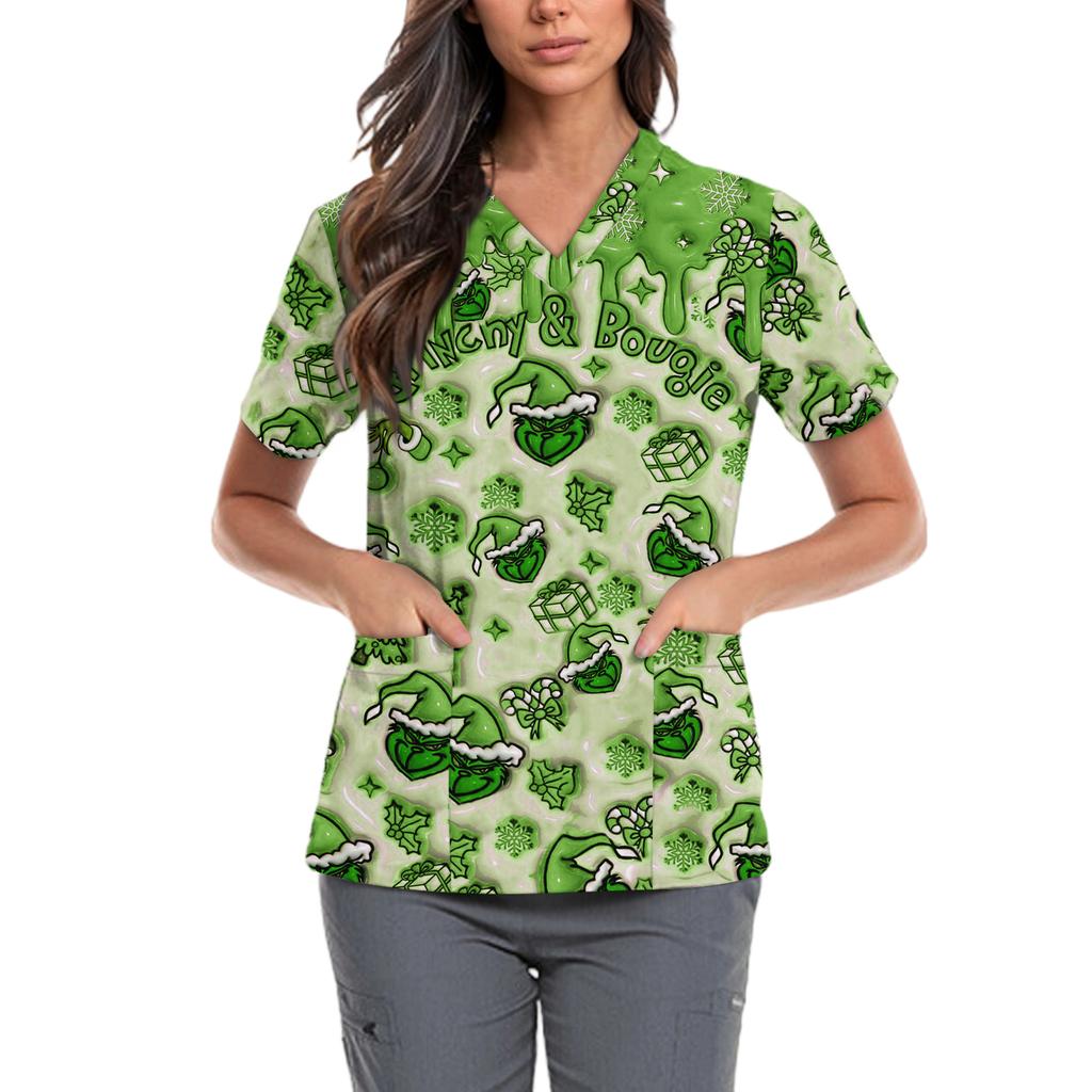 Женская милая блузка с принтом бантиков, рабочая одежда, V-образный вырез, двойной слой, карманы, базовая, с коротким рукавом, пуловер