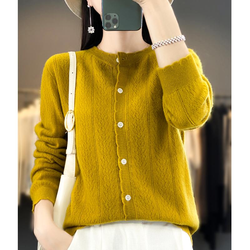 Women's Round Neck Cashmere Cardigan, Qinghe Cashmere, 30% Cashmere 70% Wool, Winter Knitted Pullover Autumn Sweater Cashmere Sweater