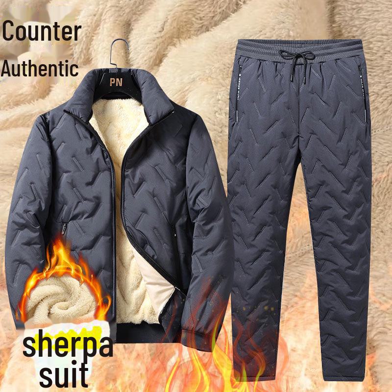 Мужской зимний комплект: пальто и брюки: Утепленная хлопковая куртка с подкладкой из овчины, идеально подходит для людей среднего и пожилого возраста.