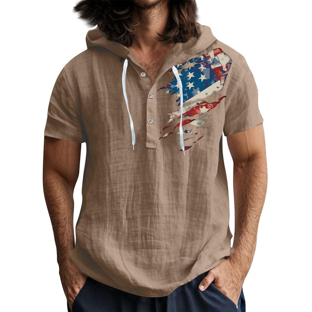 Men'S Casual Short Sleeved Hooded Top Buttoned Open Neck T-Shirt
