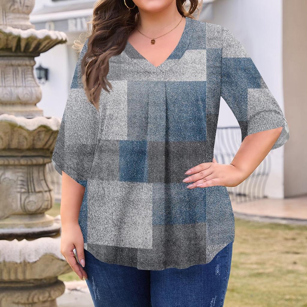 Women's Fashion Large Size Print V-Neck Three-quarter Sleeve Top