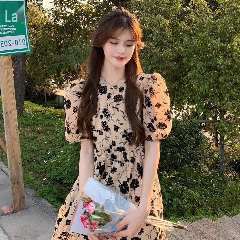 Women's French Retro Floral Puff Sleeve Dress - Summer Slim Fit, High Waist Mid-Length Skirt