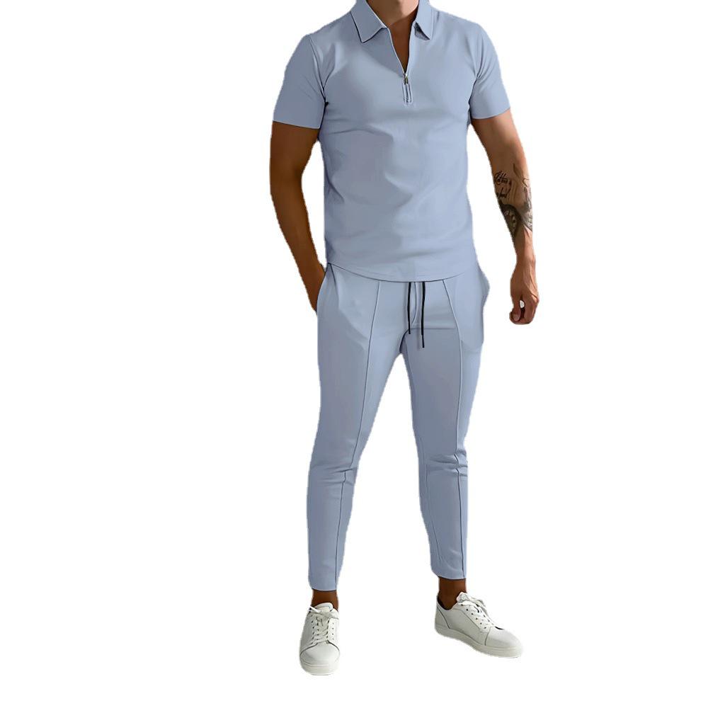 Летний приталенный мужской костюм 2025: Повседневный спортивный костюм с коротким рукавом и длинными брюками