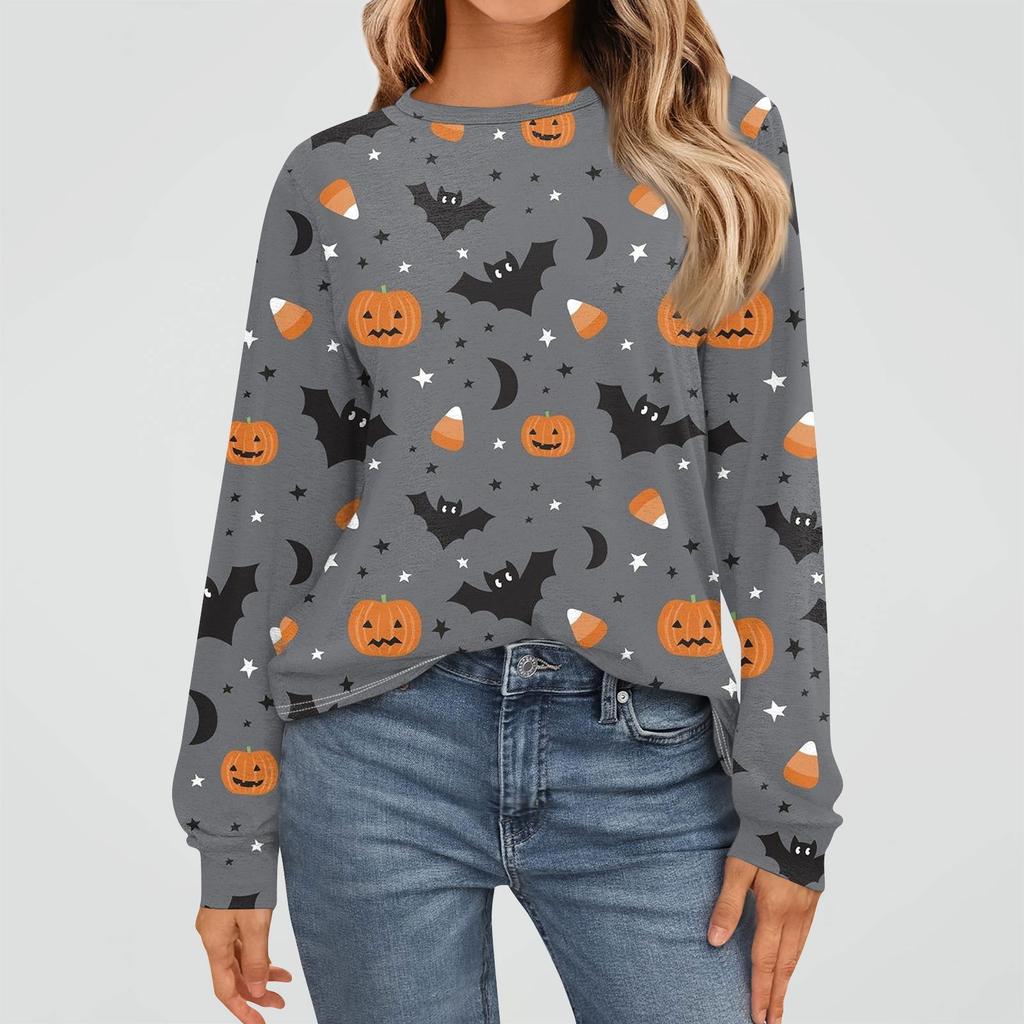 Women's Fashion Long Sleeve Shirts Loose Fitted Crewneck Basic Halloween Print Tops Casual Outfits