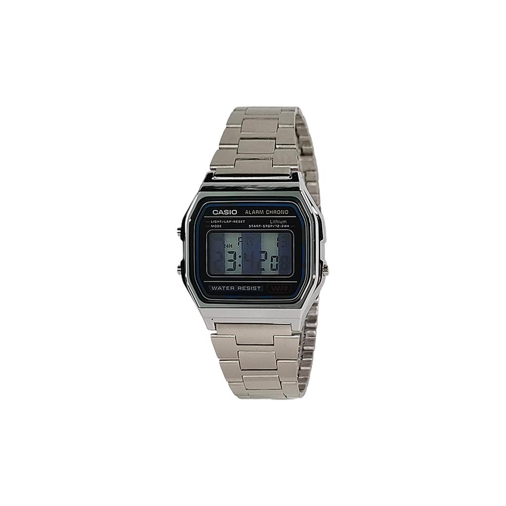 Casio Часы с кварцевым механизмом и стальным ремешком, унисекс, черный циферблат, A158WA-1(Часы1100--)