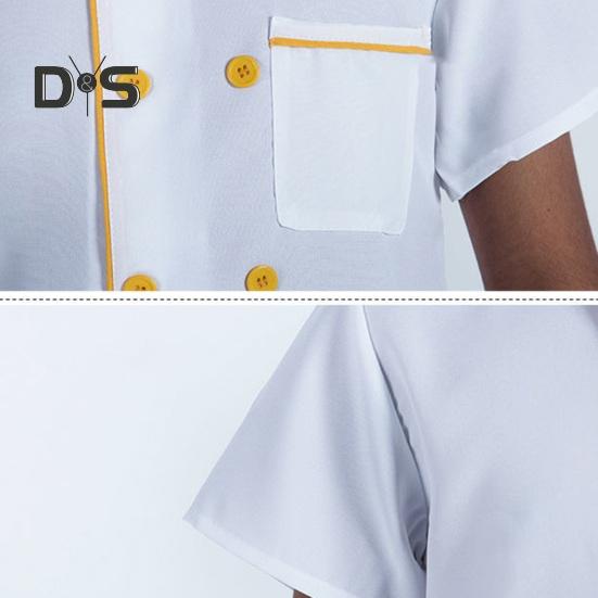 Летняя униформа шеф-повара, двубортная, с короткими рукавами, унисекс, воротник-стойка, мягкая, дышащая, устойчивая к пятнам, свободная, для повара, для кухни, пекарни, ресторана, столовой.