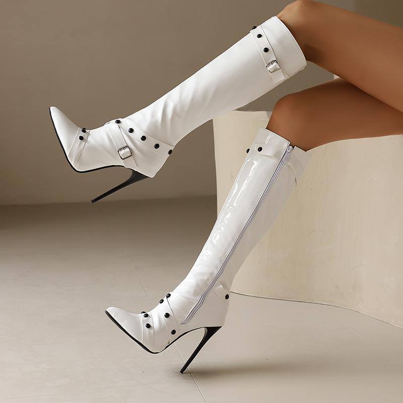 Сапоги выше колена с пряжкой на ремне и боковой молнией, фиолетовые, зеленые, розовые, лакированные, с острым носком, на тонком высоком каблуке, зимние, длинные, большого размера