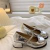 Coarse Heel French Mary Jane Shoes 2025 New Summer Light Mouth with Skirt Fairy Silver Round Head Small Leather Shoes