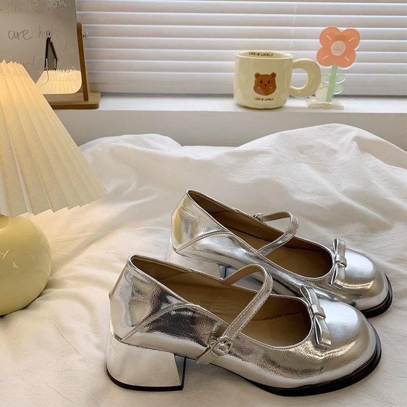 Coarse Heel French Mary Jane Shoes 2025 New Summer Light Mouth with Skirt Fairy Style Silver Round Head Small Leather Shoes