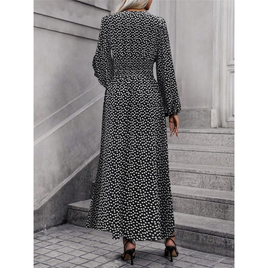 Женское однотонное элегантное платье с рукавами-фонариками, V-образным вырезом и высоким разрезом