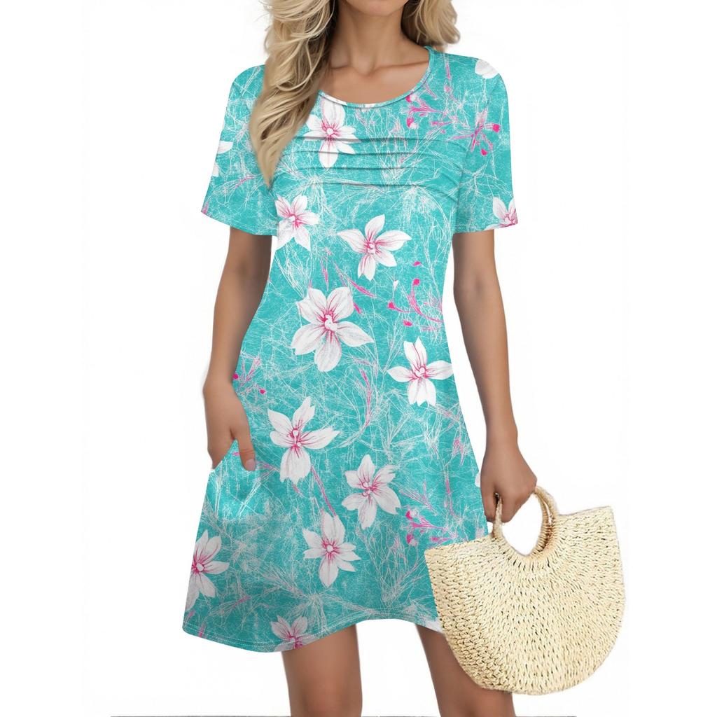 Женские летние платья Женские летние платья с цветочным принтом Повседневные платья с коротким рукавом и круглыми карманами