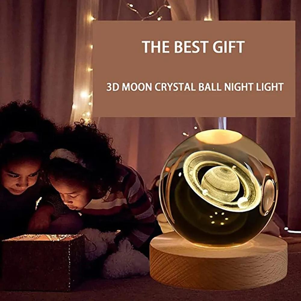 3D Galaxy Crystal Ball Lamp Лазерная гравировка Ночной светильник с деревянной основой для декора спальни,