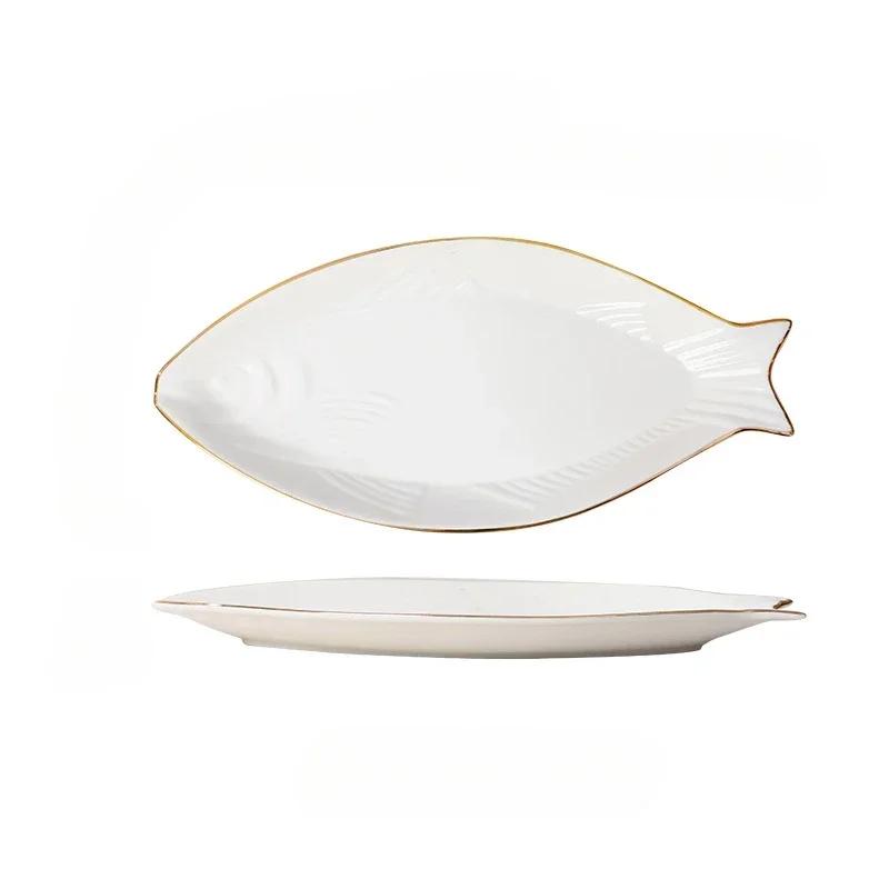 Рыба на пару Ресторан Домашняя кухня Посуда Фарфоровые рыбные тарелки с позолоченной окантовкой Креативная тарелка для ужина в форме рыбы