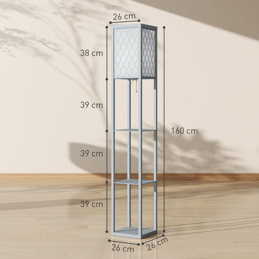 Floor Lamp with Shelf, 3 Compartments, Compact Dimensions, MDF, Light Grey
