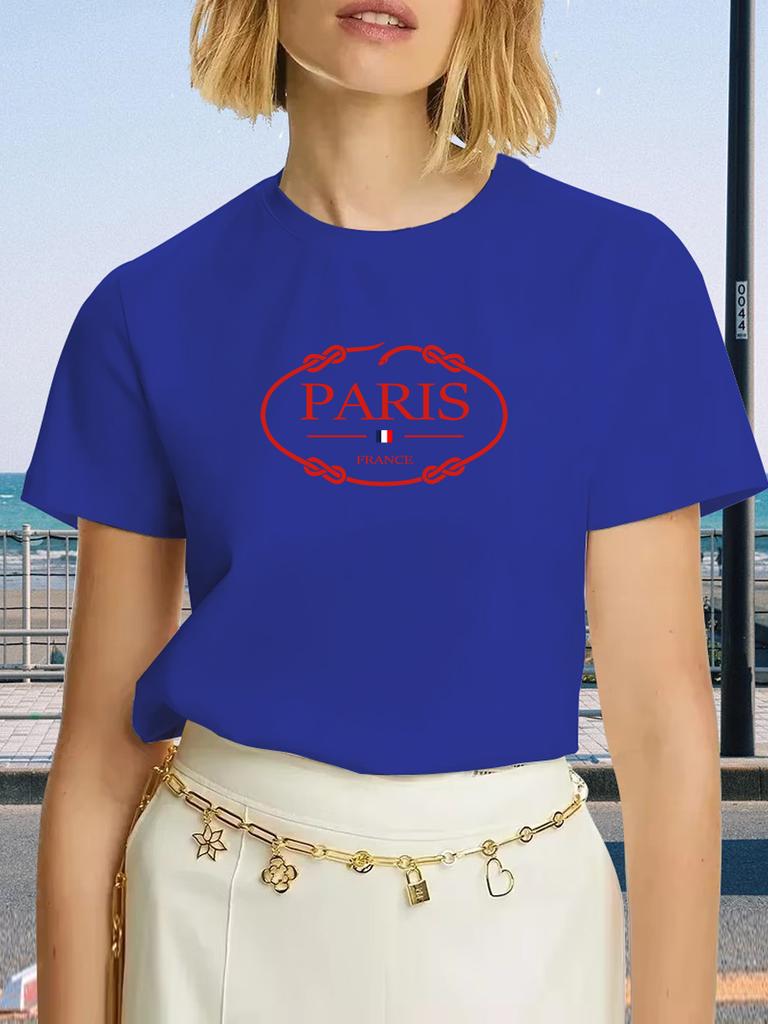 PARIS Print T-shirt, Short Sleeve Crew Neck Casual Top For Summer & Spring Women's Clothing